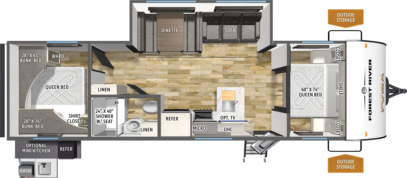 The Puma Camping Edition 303BHCE floorplan has one entry and one slide out. Exterior features include: metal exterior and outside kitchen. Interiors features include: bunk beds, front bedroom, rear bedroom and two bedrooms.